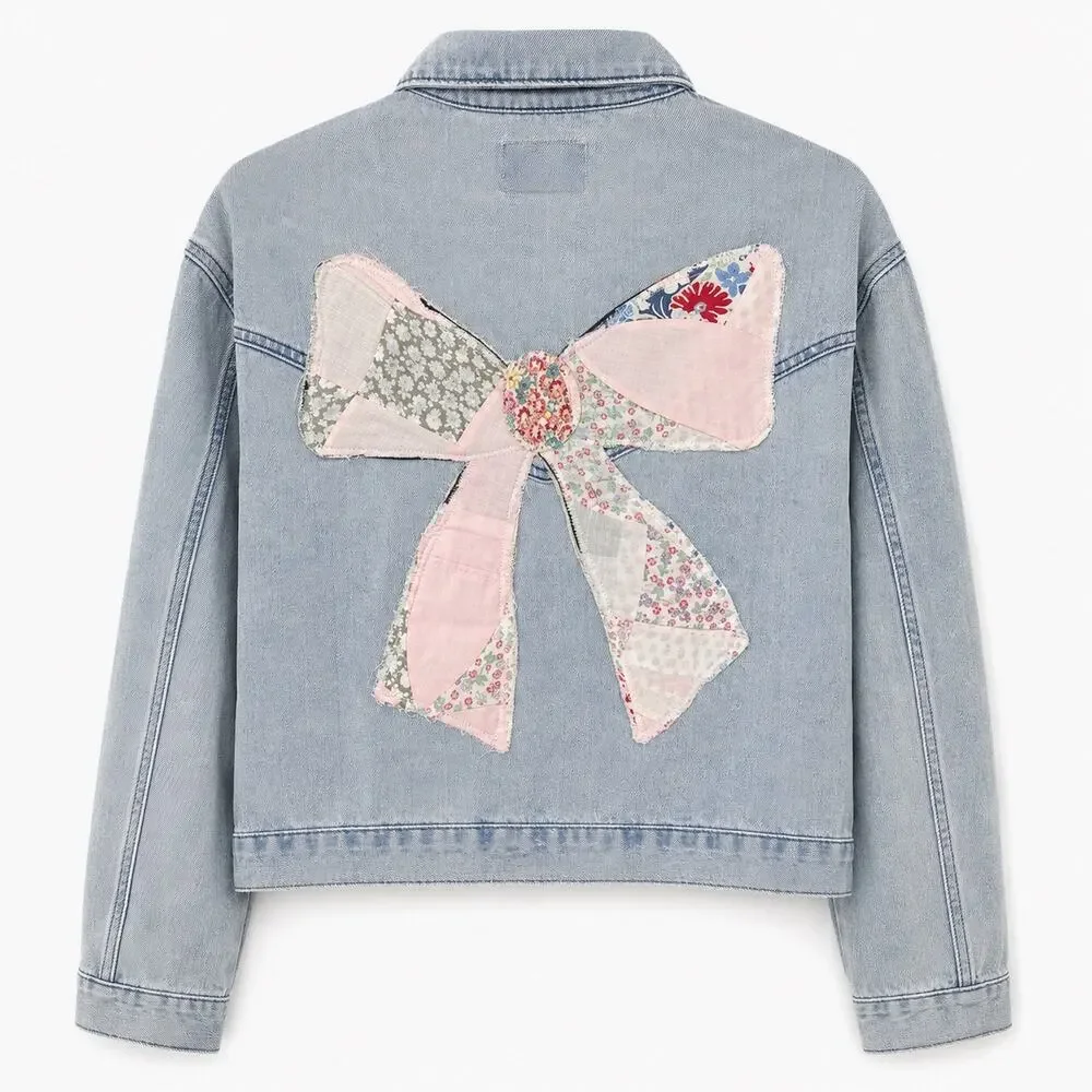 Denim Jacket Women‎ Large Cropped Bow Embroidered Applique Coquette Light Wash